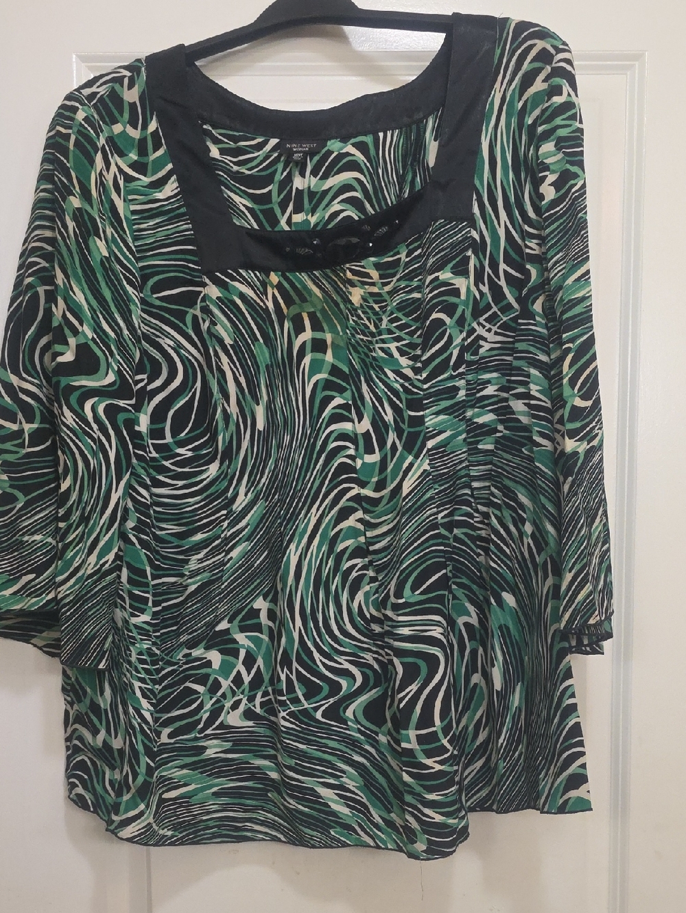 Nine West Green Swirl Print Blouse with Black Trim